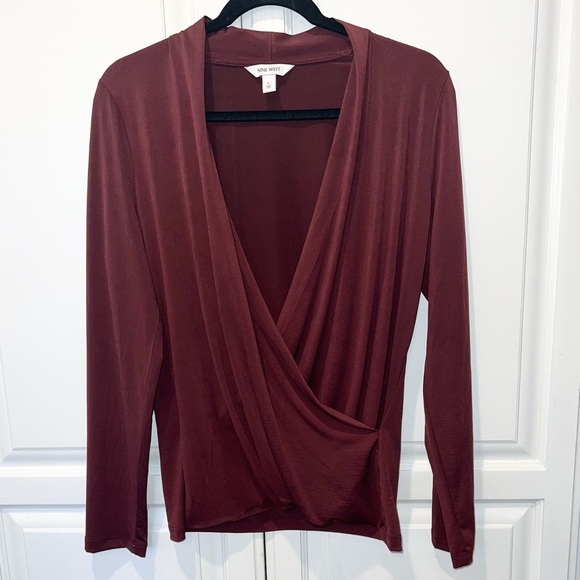 Nine West Burgundy Faux Wrap Blouse Deep V Neck Draped Top L - Picture 2 of 6